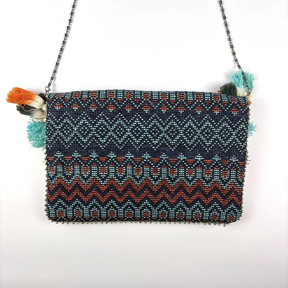 Steve Madden Josa Tassel & Bead Clutch Navy Coral Turquise Metal Strap Boho Fest